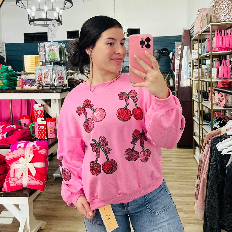 Cherries and Bows Pink Sweater Relaxed Women's 