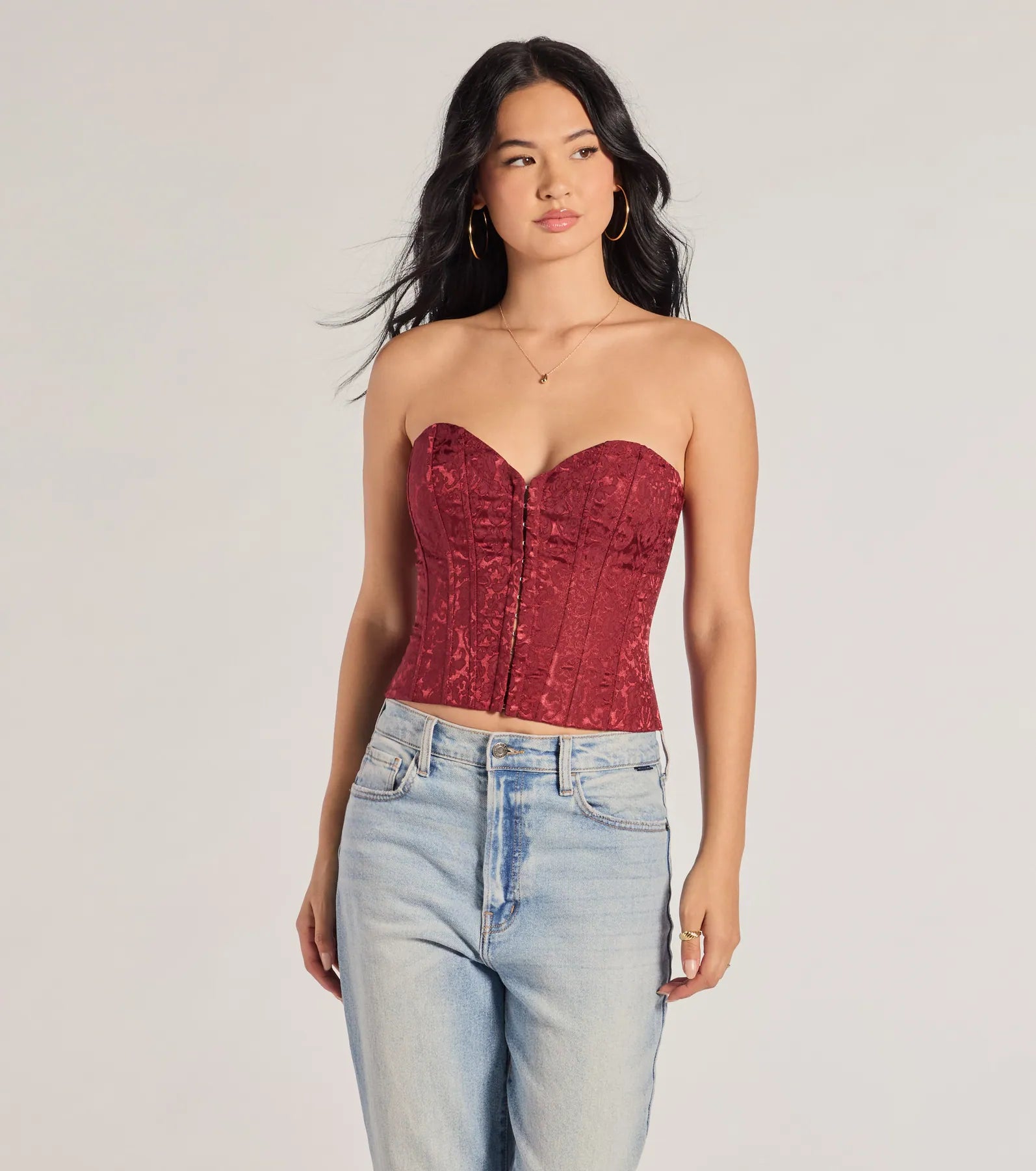 Chic Status Brocade Satin Strapless Corset Top Feminine Women's Style 