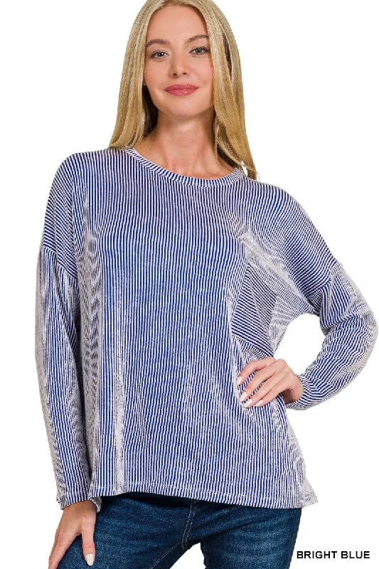 RIBBED STRIPED OVERSIZED LONG SLEEVE TOP BRIGHT BLUE Sleek Women's 