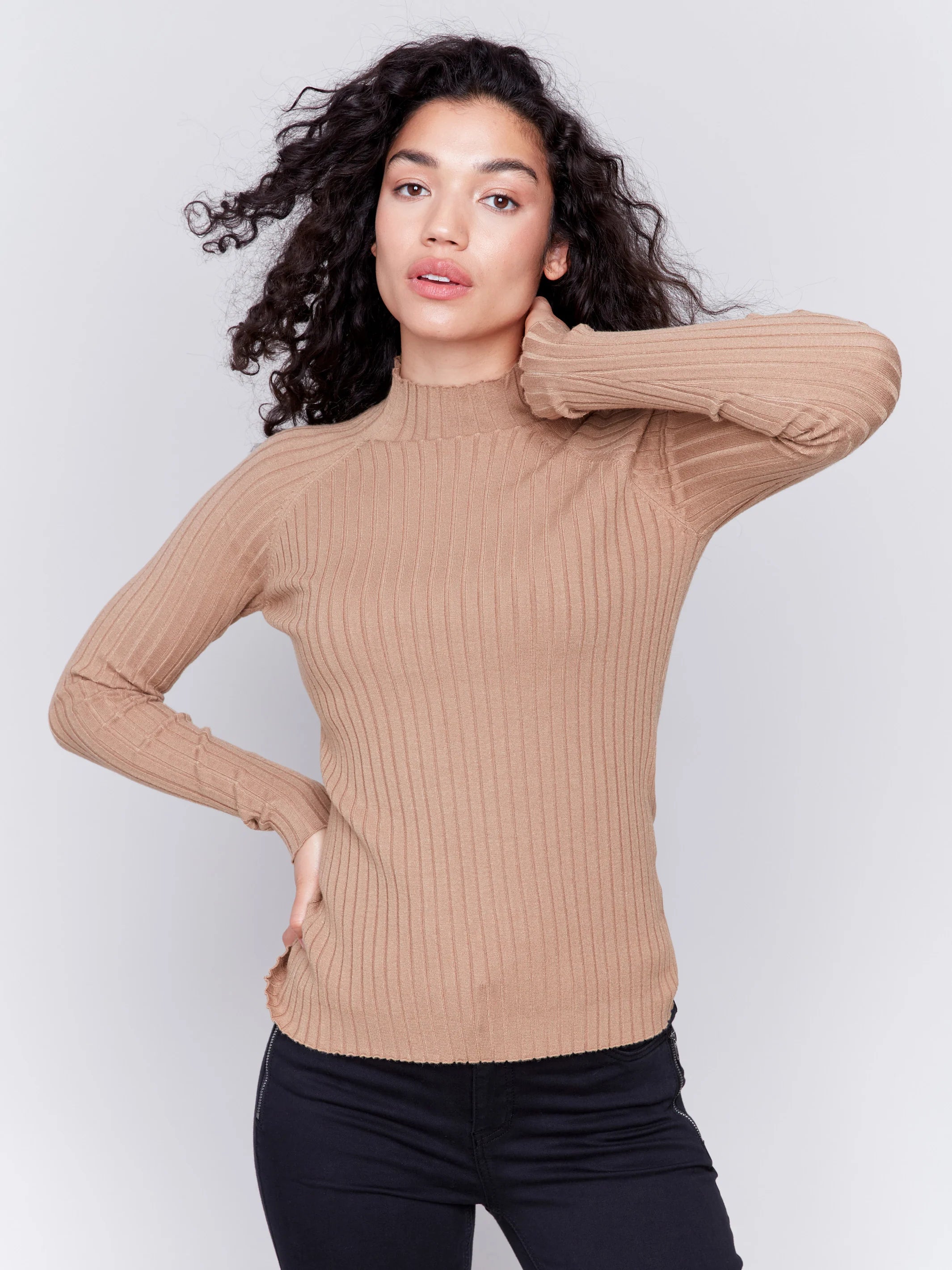 C.B C2754 Ribbed Knit Mock Neck Sweater Geometric