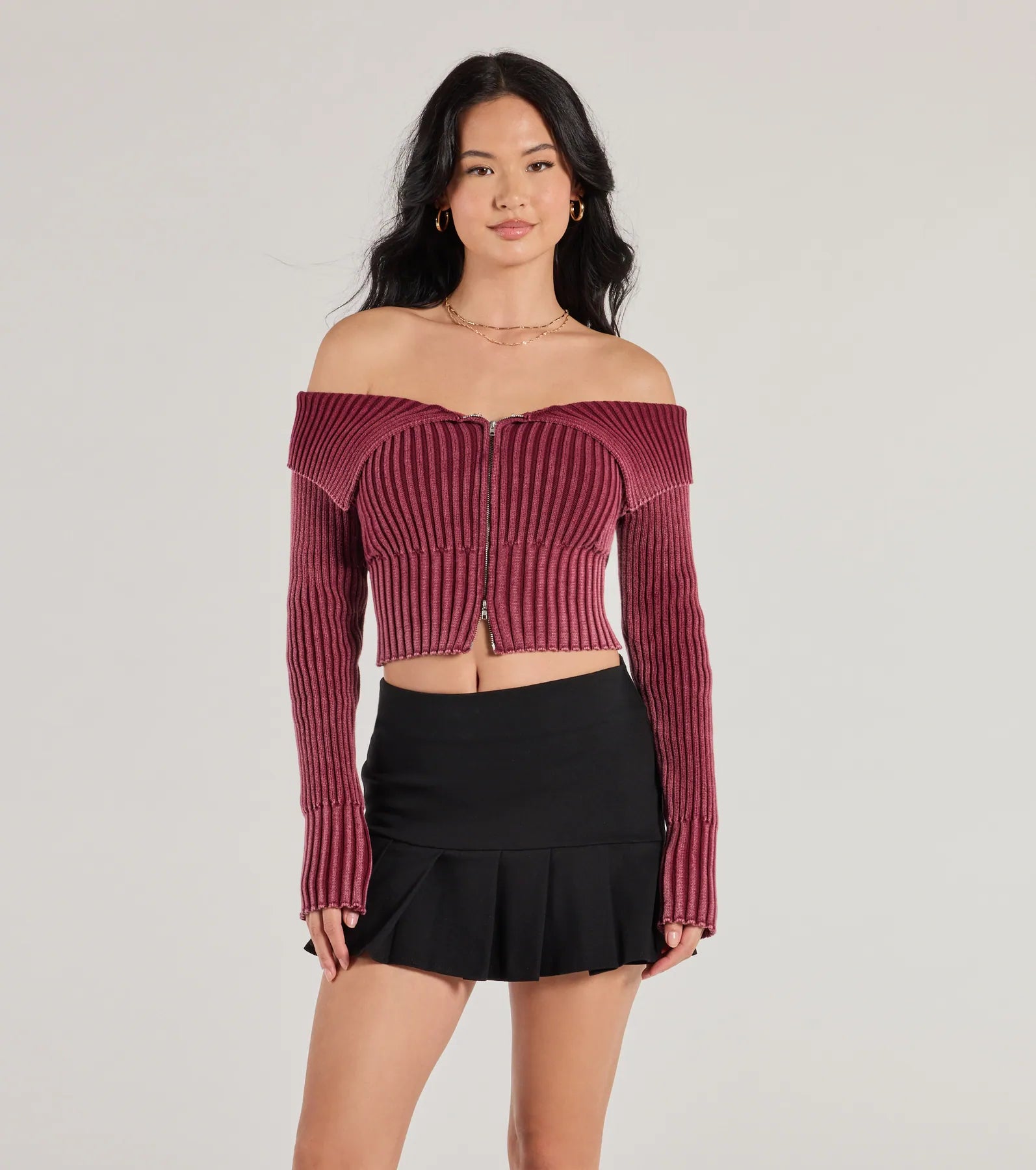 Trendsetting Style Off-The-Shoulder Cropped Knit Top Casual Women's Japanese 