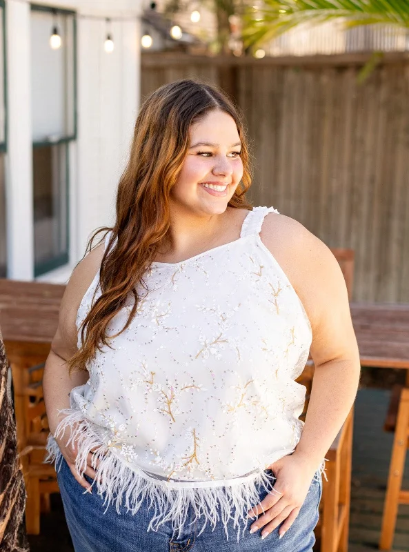 Mesh Top with Feathers, White Monochromatic Office Style
