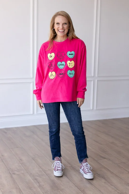 Candy Hearts on Hot Pink Crazy Cozy Microfleece Crewneck Scandinavian