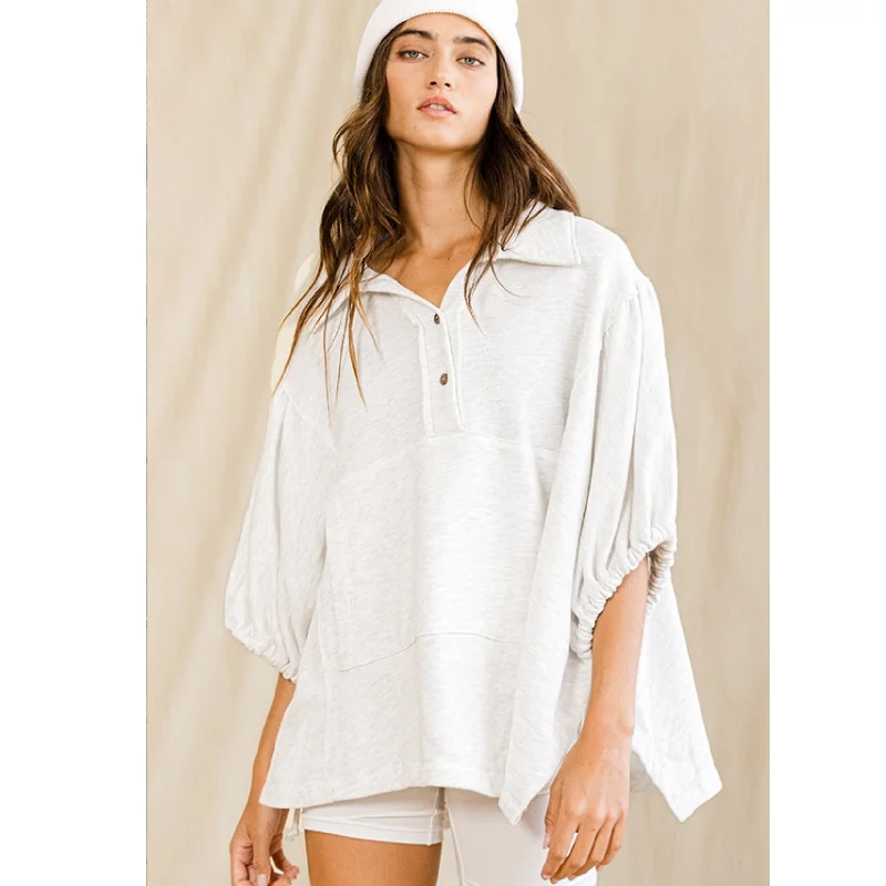 Oversized Drawstring Tie Sleeves Solid Top Sharp Women's Italian