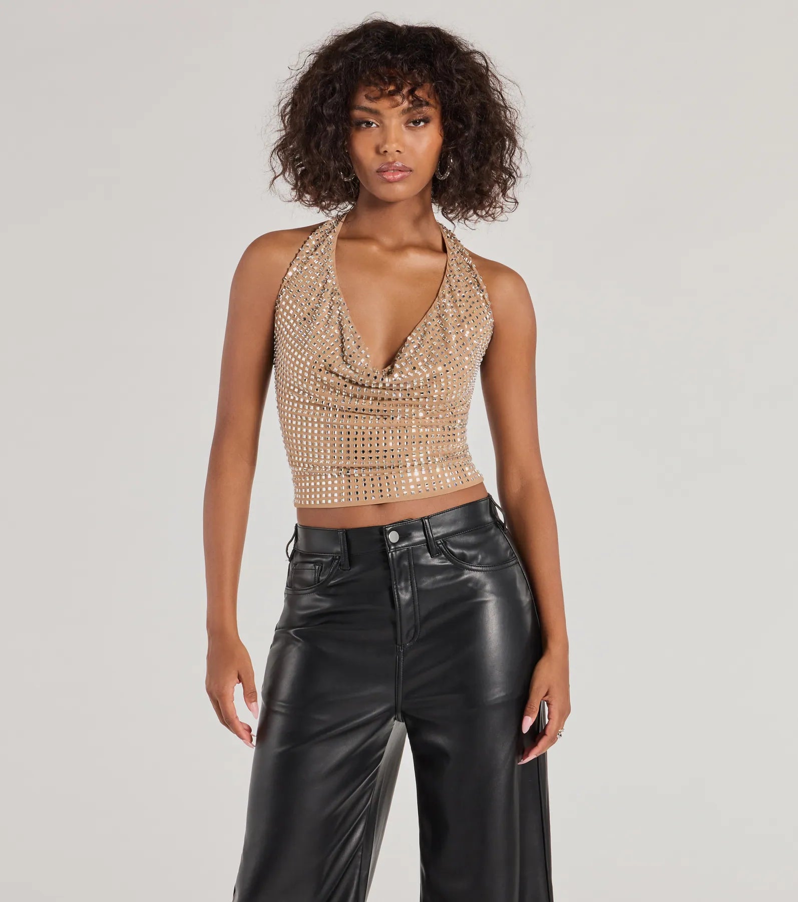 Glitzy Chic Cropped Rhinestone Halter Top Gym
