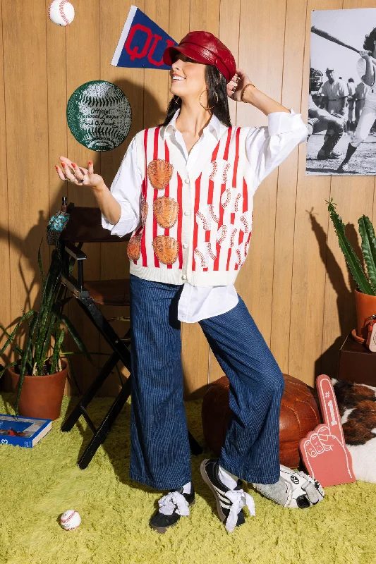 Red & White Stripe Baseball & Glove Button Up Tank Traditional Women's 