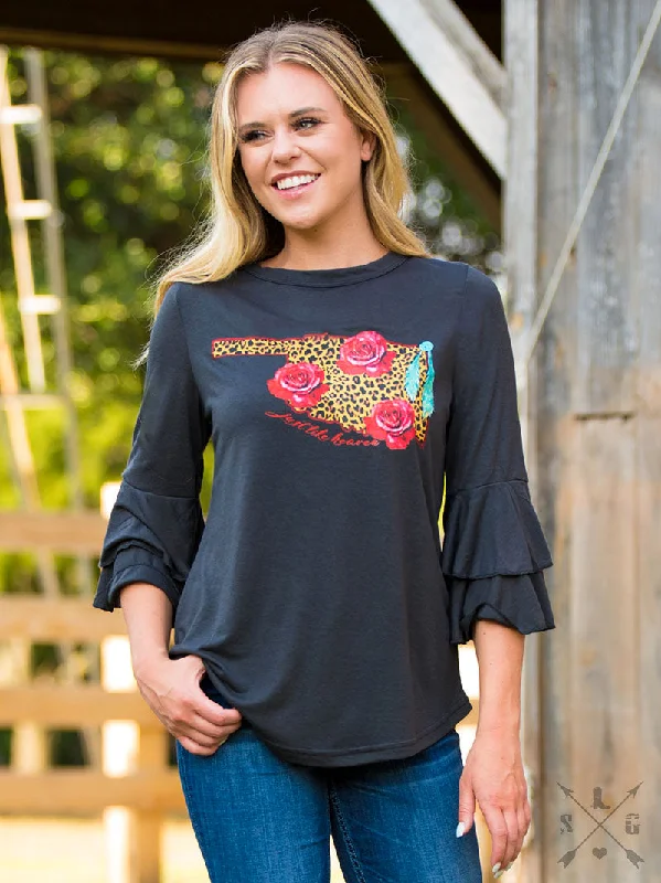 Just Like Heaven Oklahoma on Grey Loose-Fit Blouse with Ruffle Sleeves Bohemian Women's Free