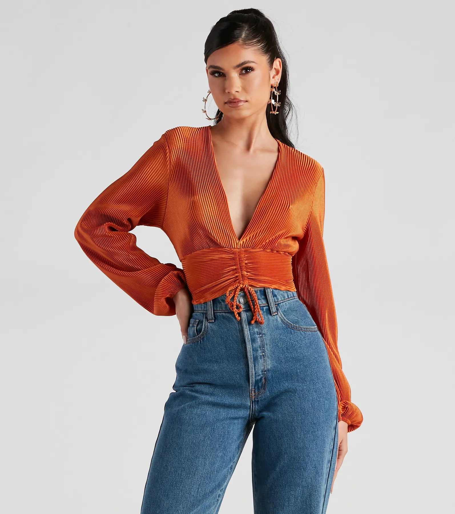 Posh And Pleated Long Sleeve Crop Top Dynamic Women's Moto