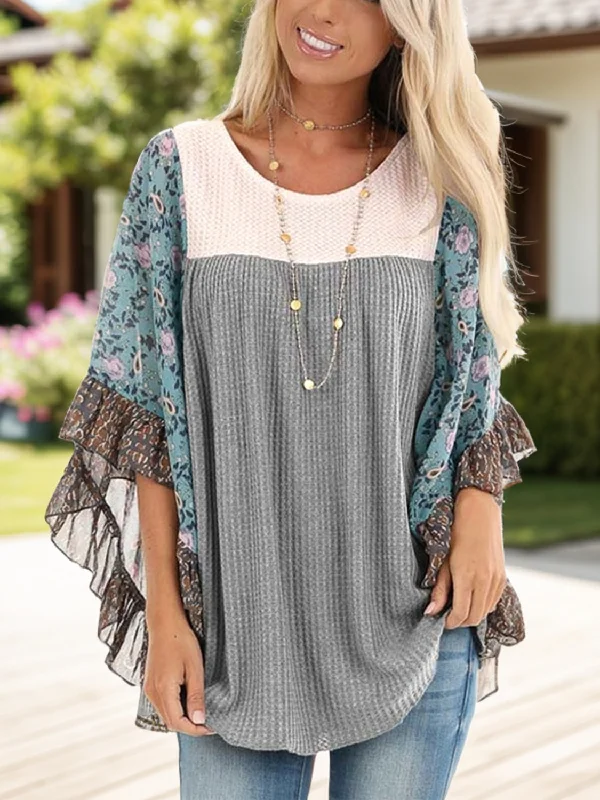 8 Color Options! Full Size Printed Round Neck Three-Quarter Sleeve Blouse Sharp Women's Italian
