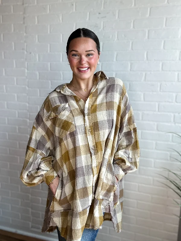 Khaki Plaid Button Up Practical Women's Multi - 