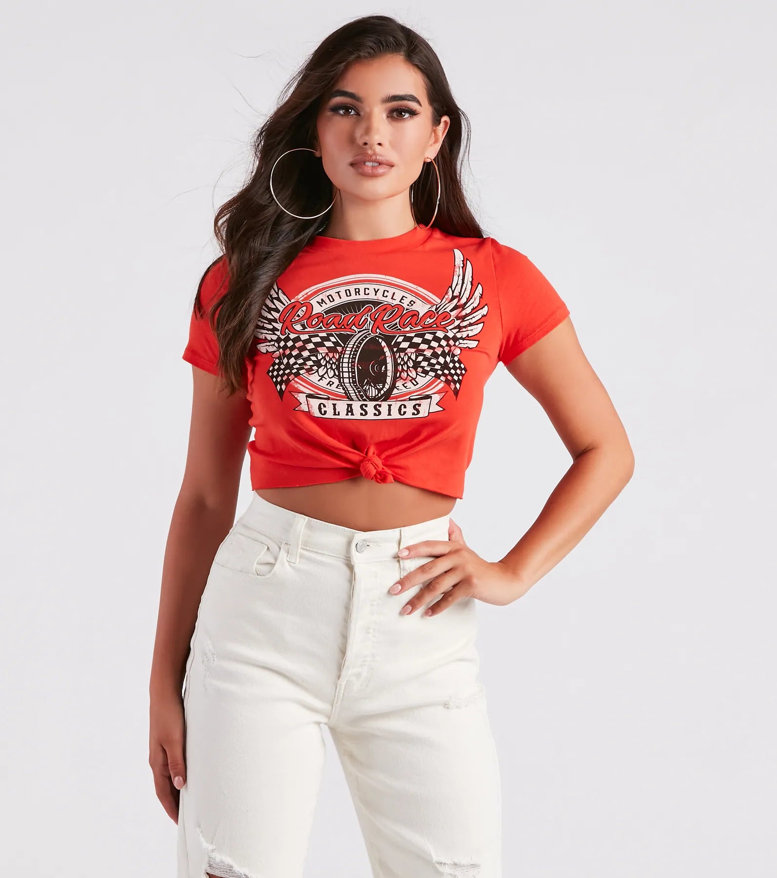 Moto Babe Graphic Knot Tie Crop Tee Relaxed Women's 