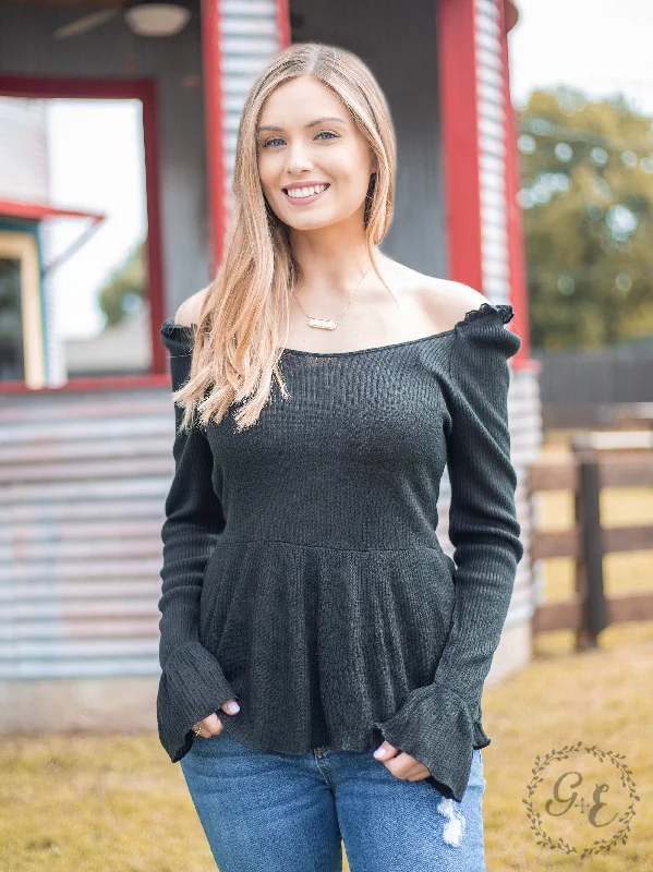 How 'Bout Those Ruffles Long Sleeve With Neck Line Ruffles, Black Vintage Women's 1970S 