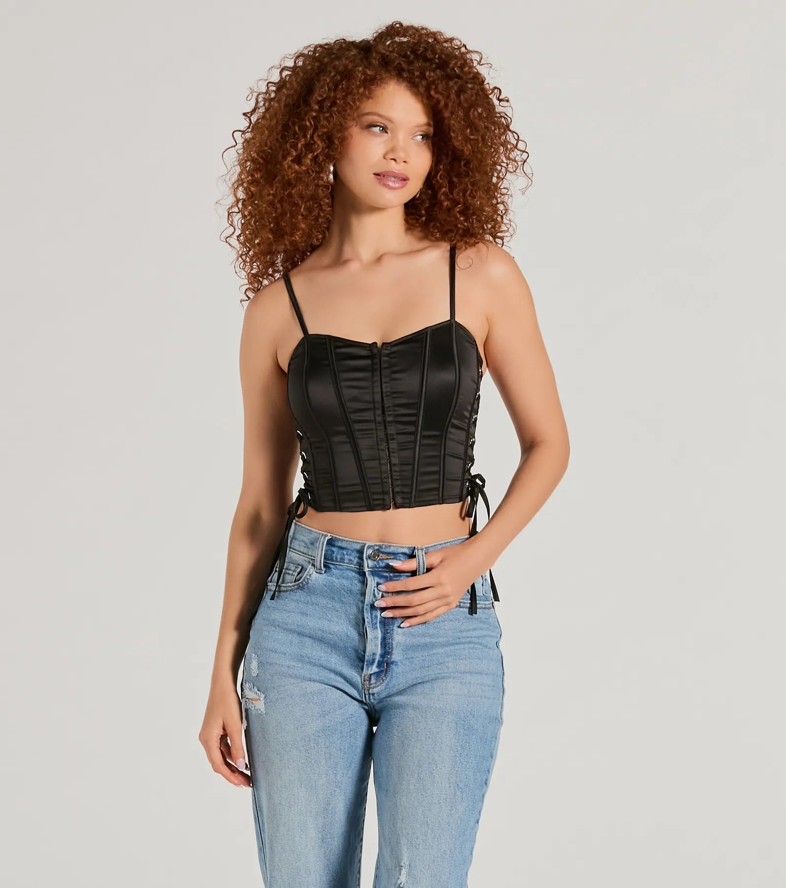 Love It Lace-Up Satin Cropped Corset Top Youthful Women's Anime - inspired