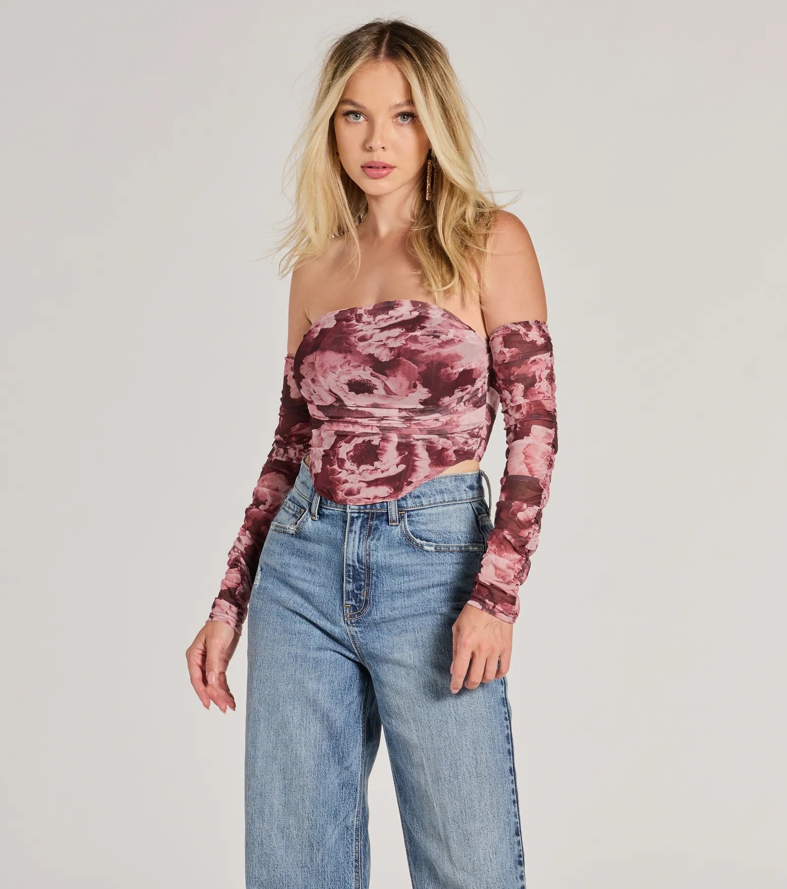 Floral Fantasy Long Sleeve Mesh Bustier Athletic Women's High - 