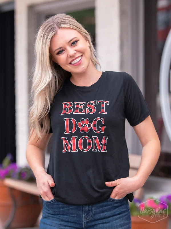 Buffalo Plaid Best Dog Mom on Black Crewneck Tee Refined Women's 