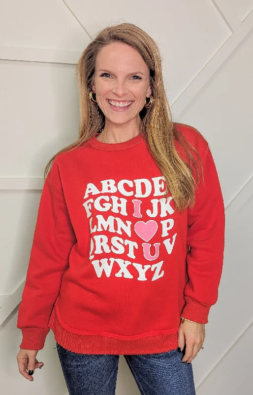 I Love You on Red French Terry Sweatshirt With Ribbed Knit Sophisticated Women's Tailored