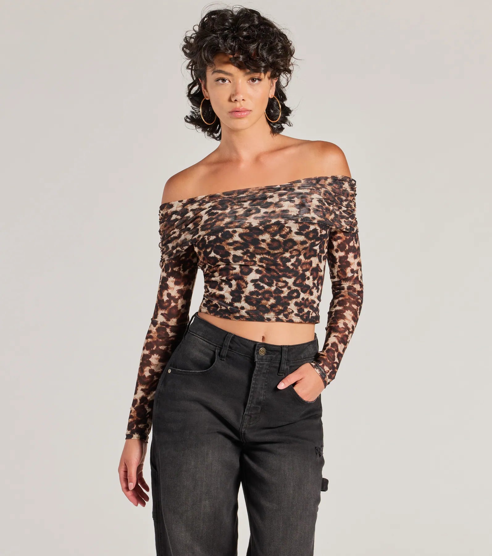 Trendy Chic Leopard Print Mesh Off-The-Shoulder Top Cool Women's Skate