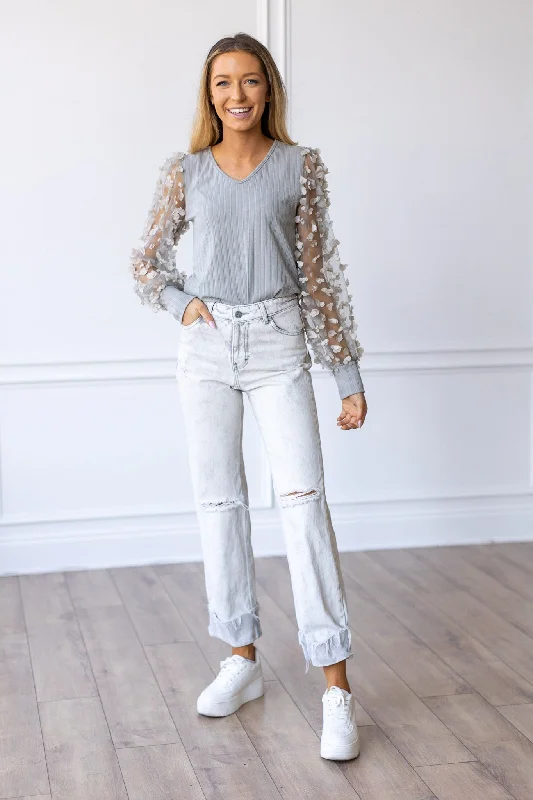 Love Blooms Grey Mesh Sleeve Top Refined Women's Classic 