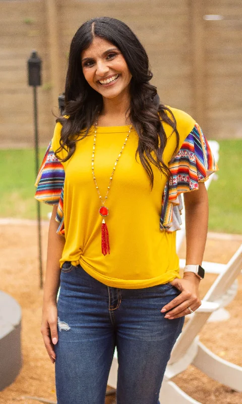 Serape Sunrise Mustard Ruffle Top Earthy Women's 