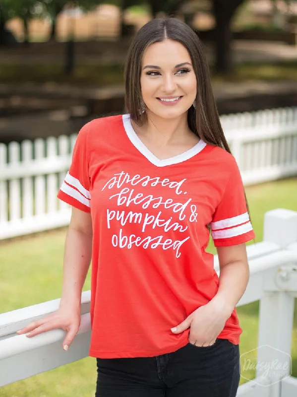 Stressed, Blessed, and Pumpkin Obsessed on Orange Team Spirit Tee Sleek Women's Metallic