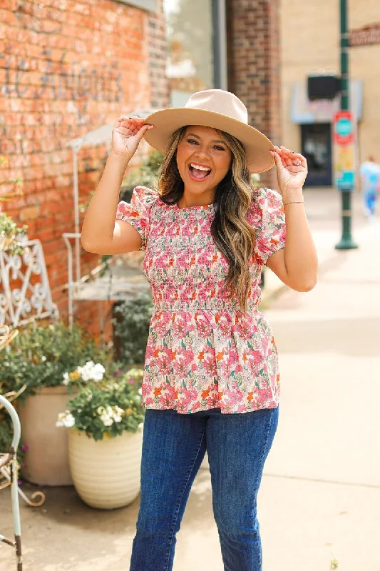 Floral Smocked Blouse Casual Women's Japanese 