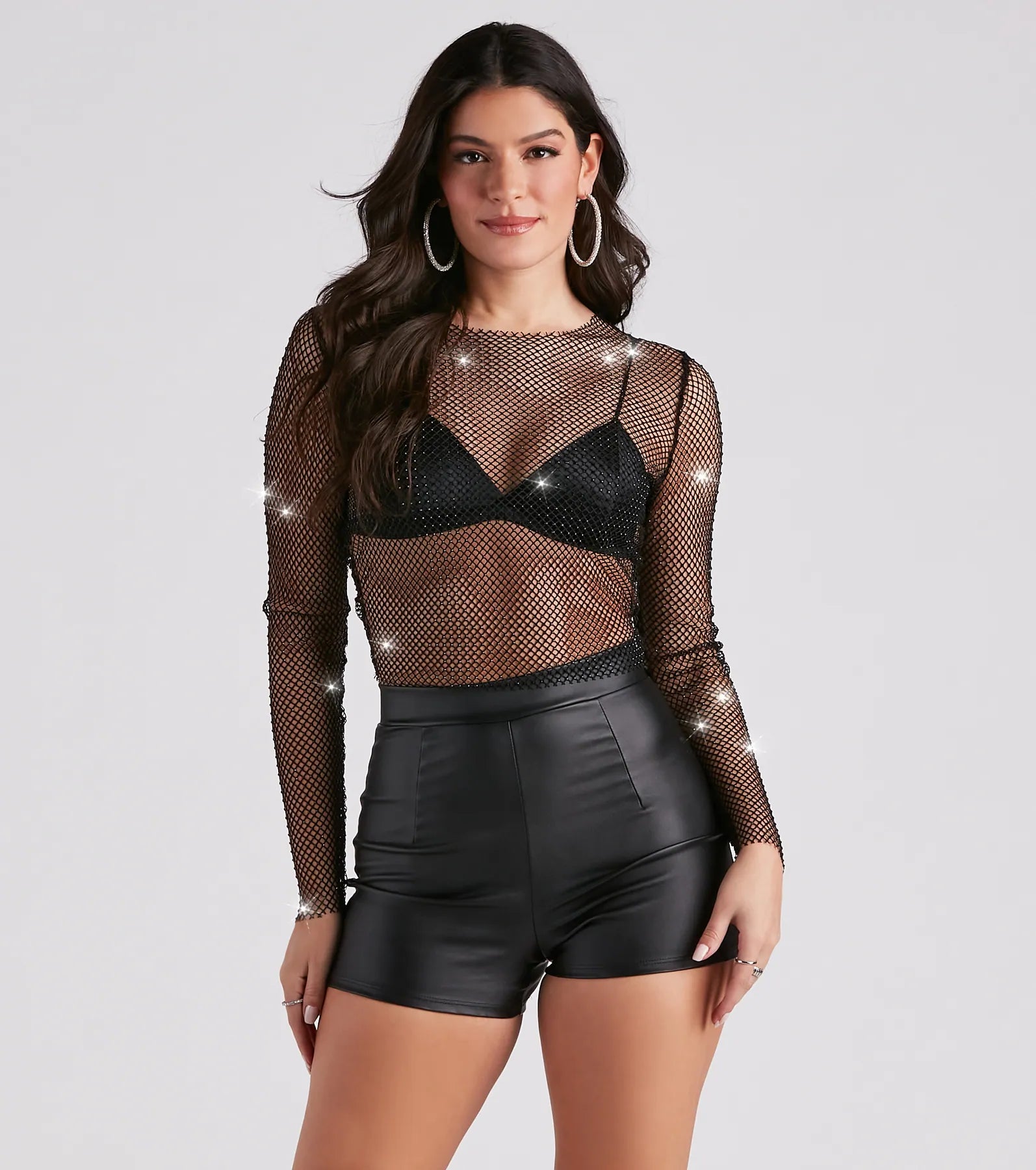 Edgy Glam Girl Rhinestone Fishnet Top Street