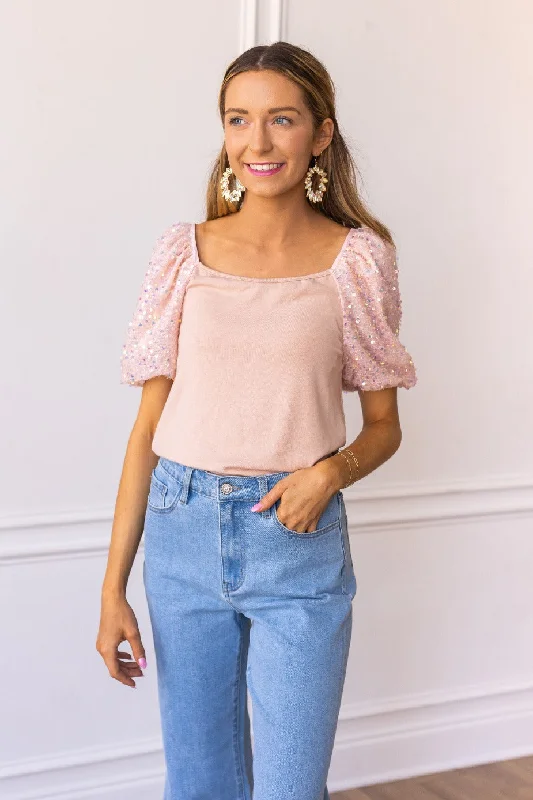 Rose Quartz Sparkle Puff Sleeve Top Relaxed Women's Beachy