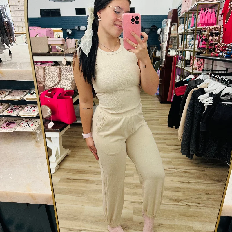 Beige Crop Top And Jogger Set Confident Women's Power