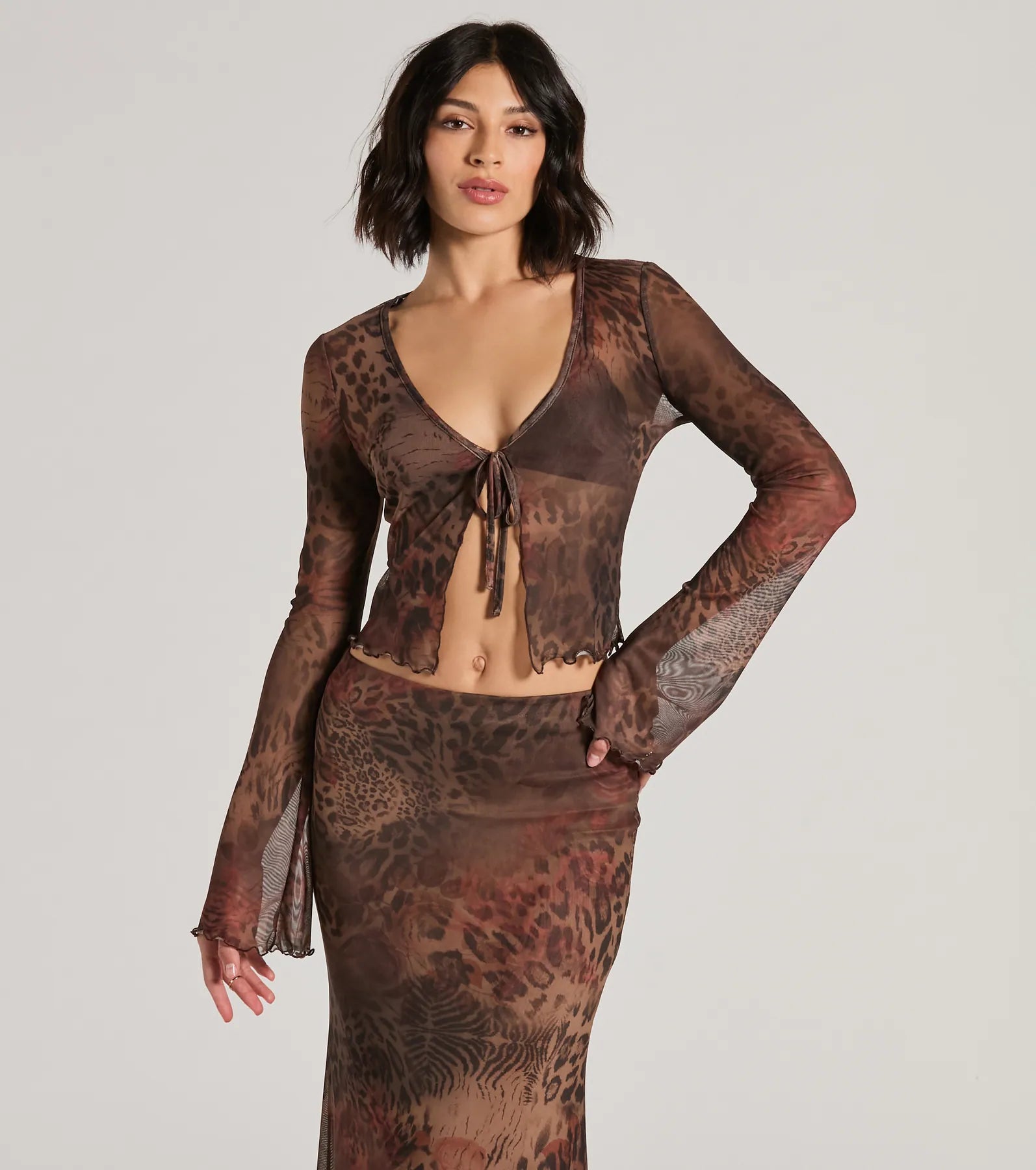 Wildly Sultry Tie-Front Leopard Rose Mesh Crop Top Sophisticated Women's Tailored