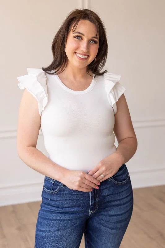 Ruffled Sleeved Microbond Bodysuit, White Tough Women's Military - inspired