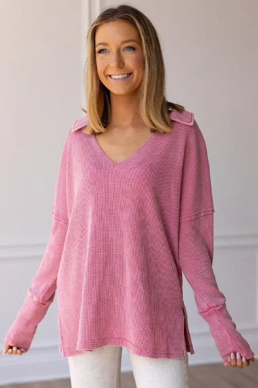 Pretty Pleased Waffle Knit Top in Pink Classic Women's Tweed