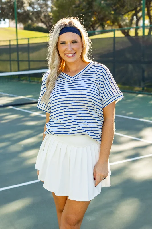 The Lucy Stripe Top, Blue Minimalist Women's Casual