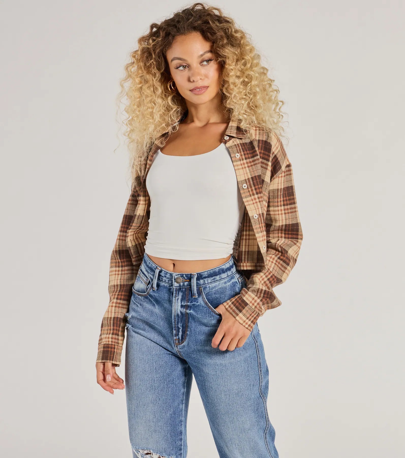 Casual Act Button-Up Plaid Crop Top Dapper Women's Bow - adorned