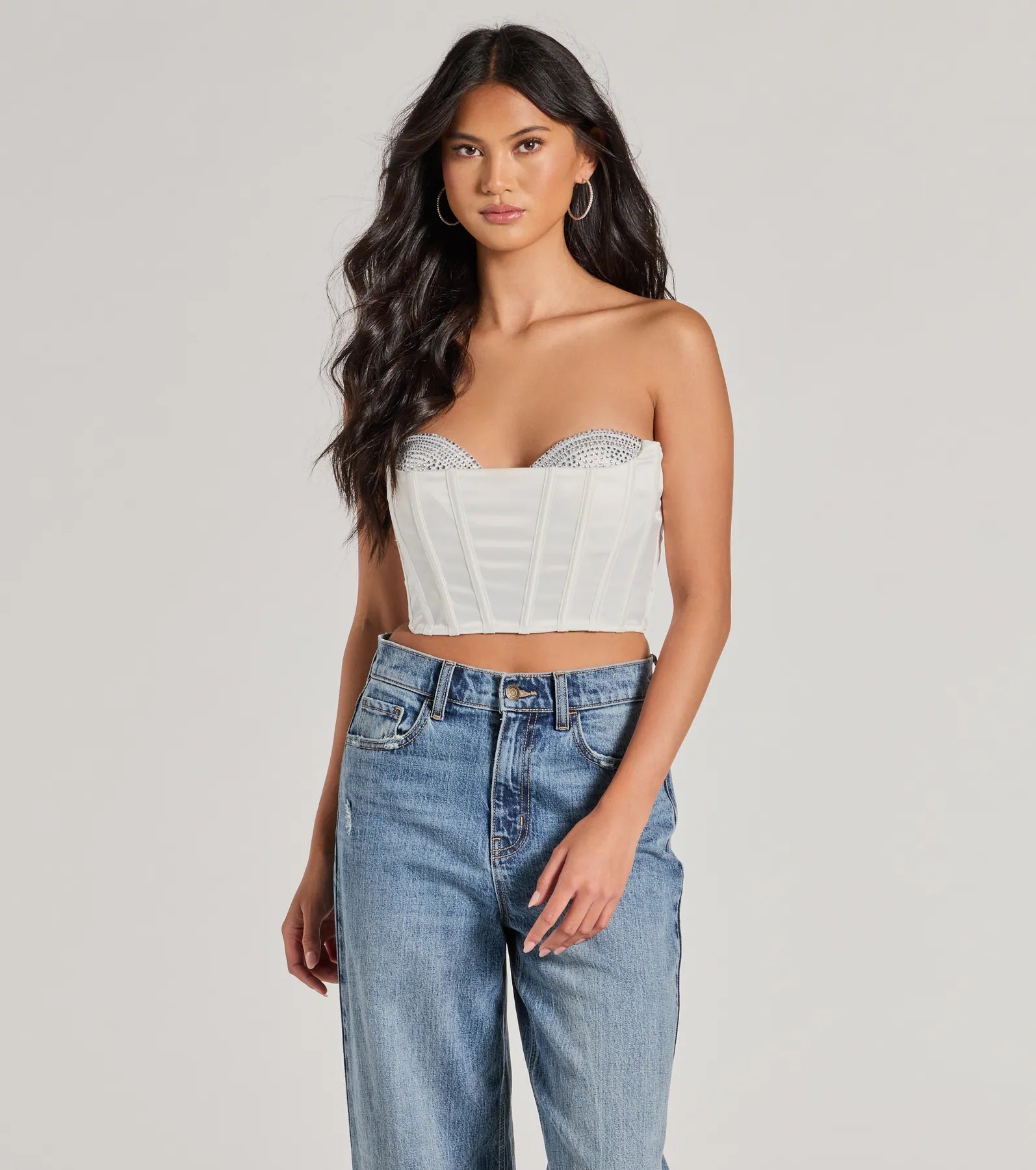 Sparkling Nights Cropped Rhinestone Satin Corset Casual Women's Japanese 