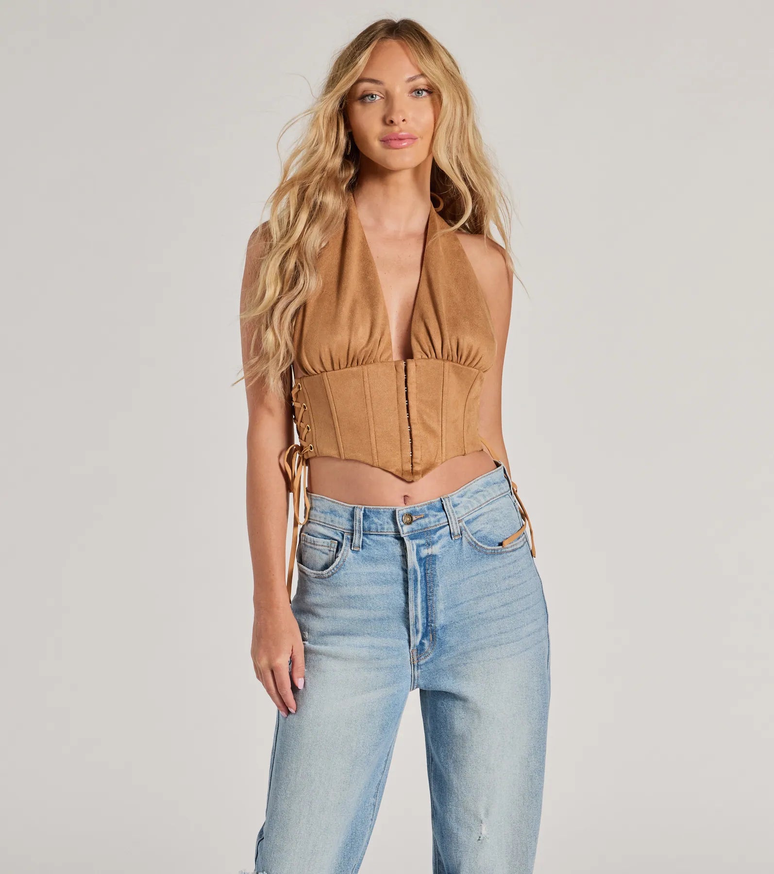 Chic Vibes Faux Suede Halter Cropped Corset Top Stylish Women's Tropical 