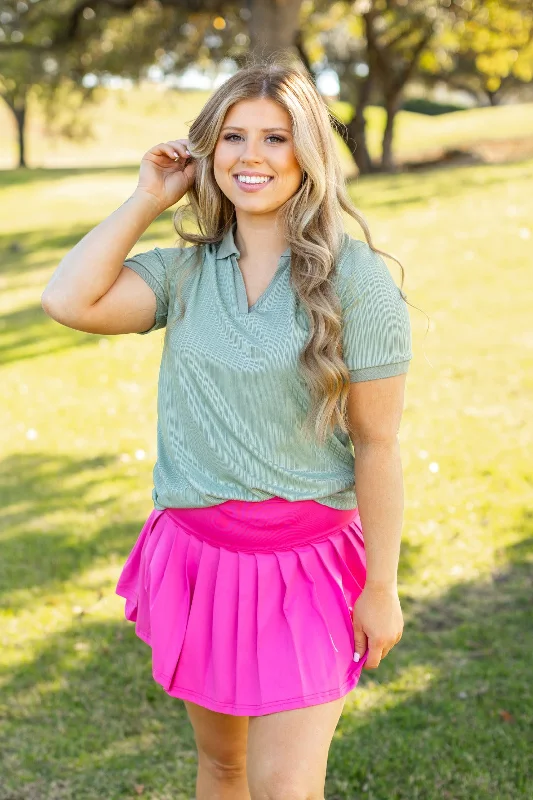 Rib Knit Polo Top, Sage Green Gym
