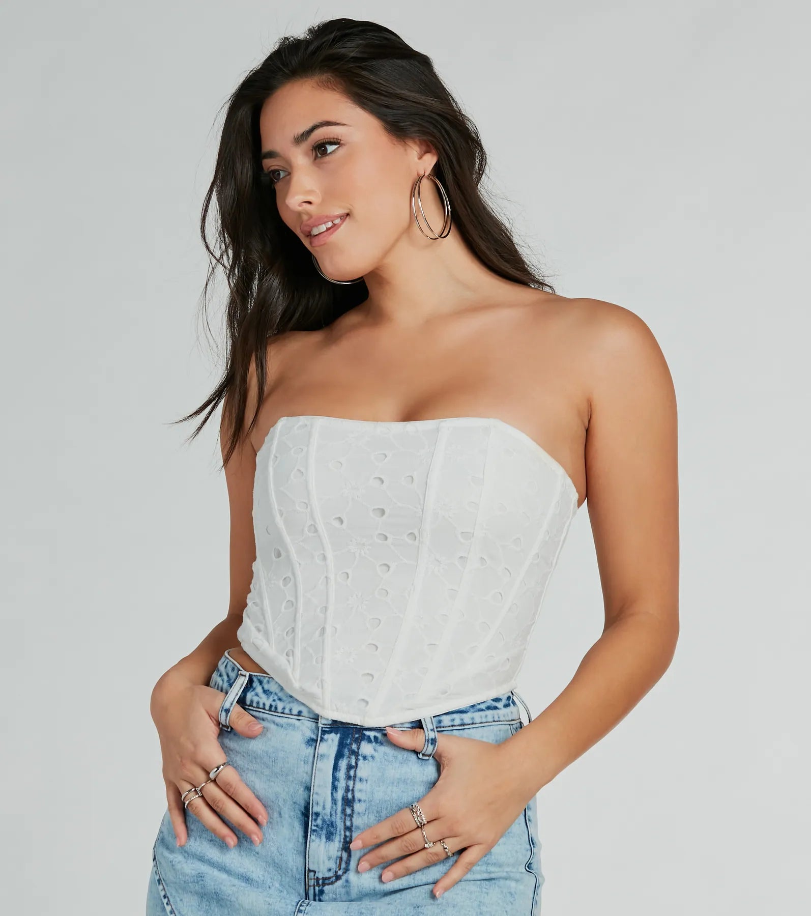 Major Charmer Strapless Eyelet Lace Corset Top Hip Women's Retro