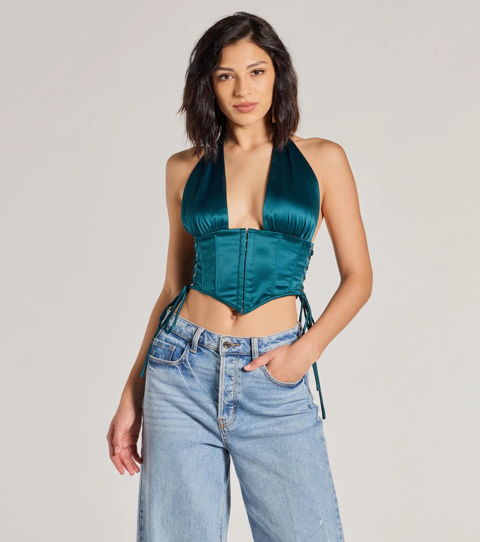 Edgy Luxe Satin Halter Cropped Corset Top Bold Women's Statement