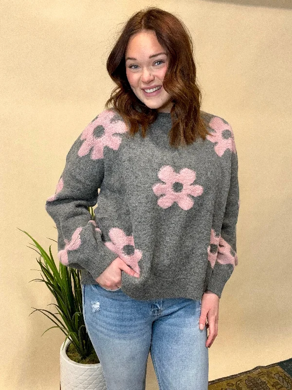 Charcoal Pink Floral Sweater Trendy Women's Oversized