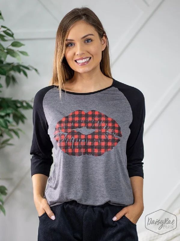 Buffalo Plaid Lips on Black & Grey Raglan Elegant Women's Formal 