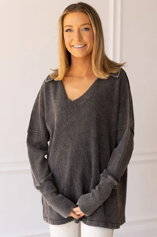 Pretty Pleased Waffle Knit Top in Black Confident Women's Power