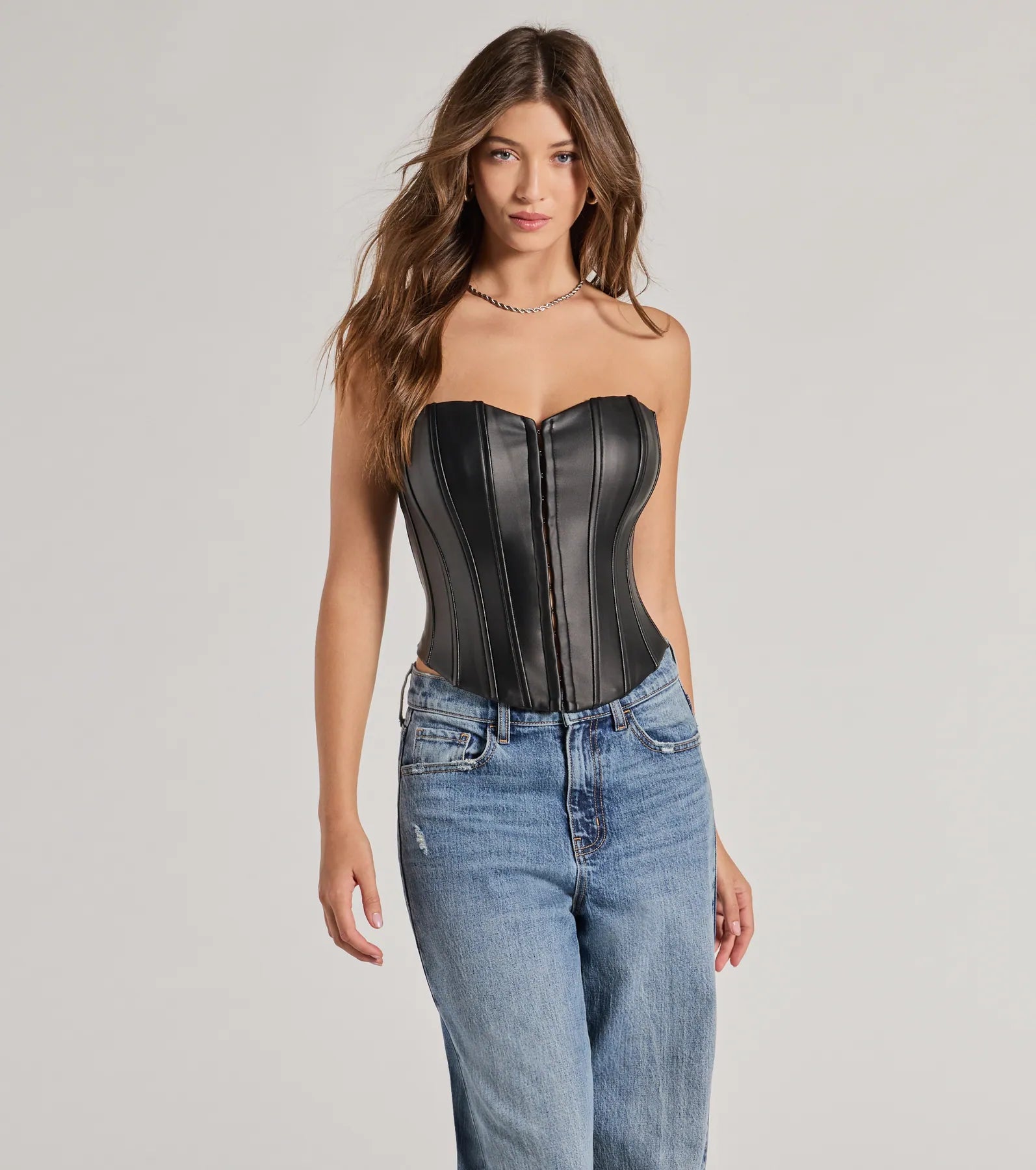 Level Up Sleek Faux Leather Strapless Corset Top Modern Women's Tech