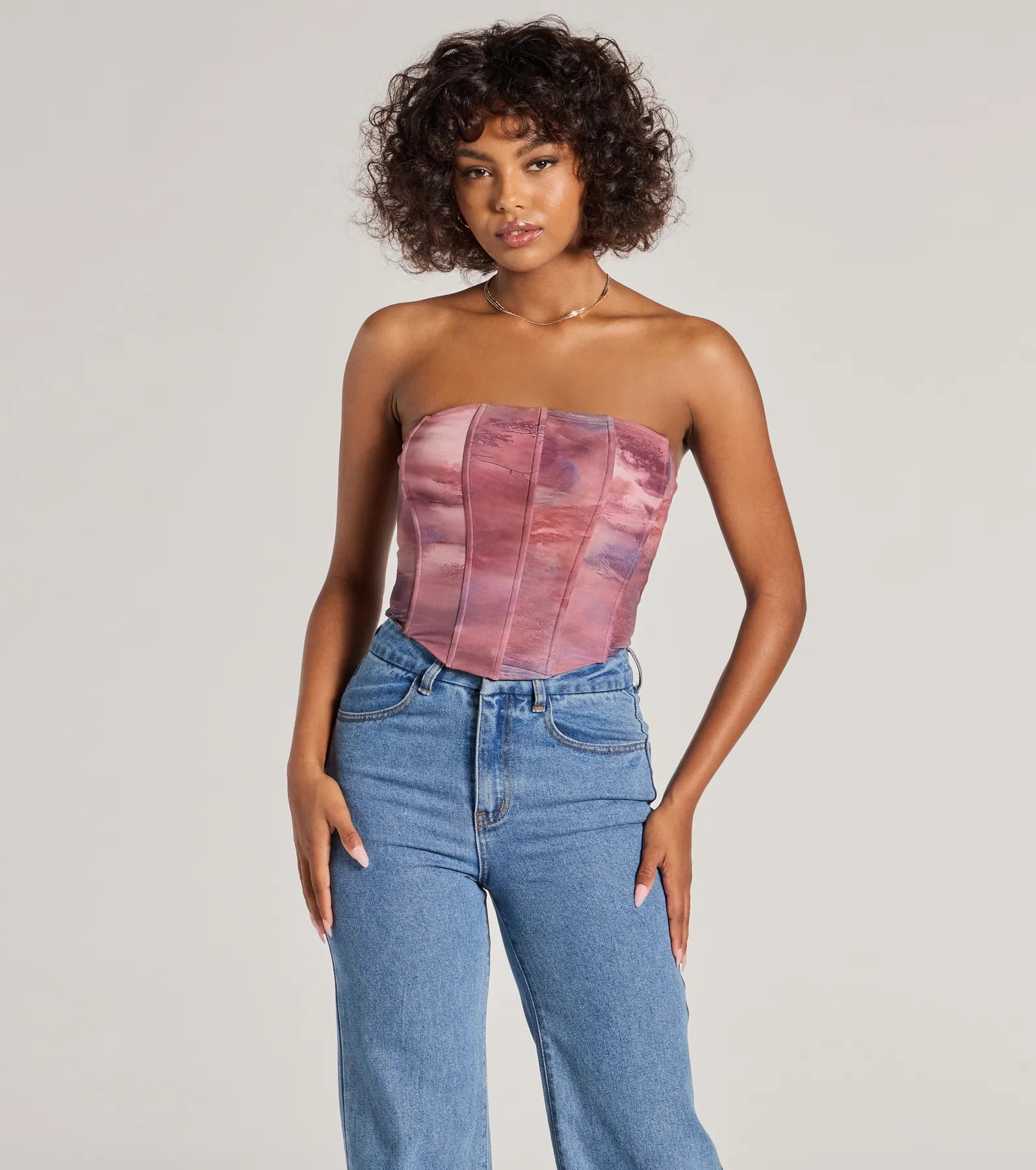Keep It Alluring Abstract Mesh Strapless Bustier Top Youthful Women's Pop