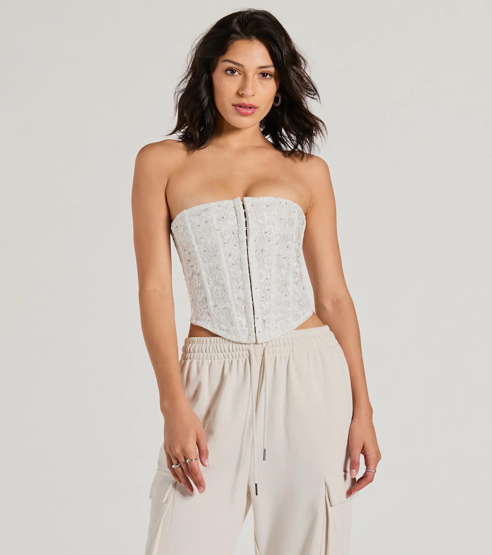 Show Stopper Strapless Lace Beaded Corset Top Monochromatic Office Style