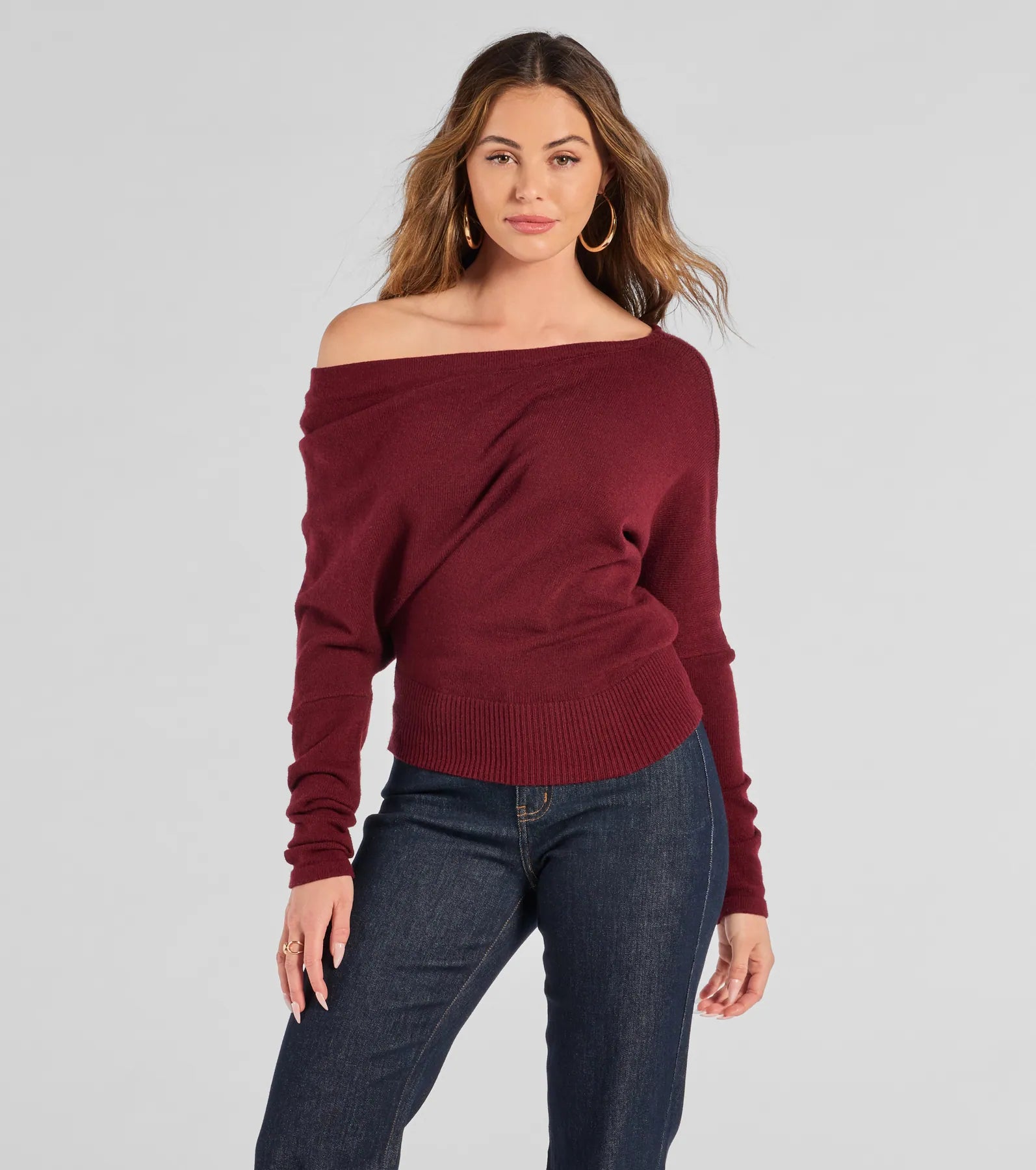 Cute And Cozy Off-Shoulder Knit Sweater Monochromatic All - in - one