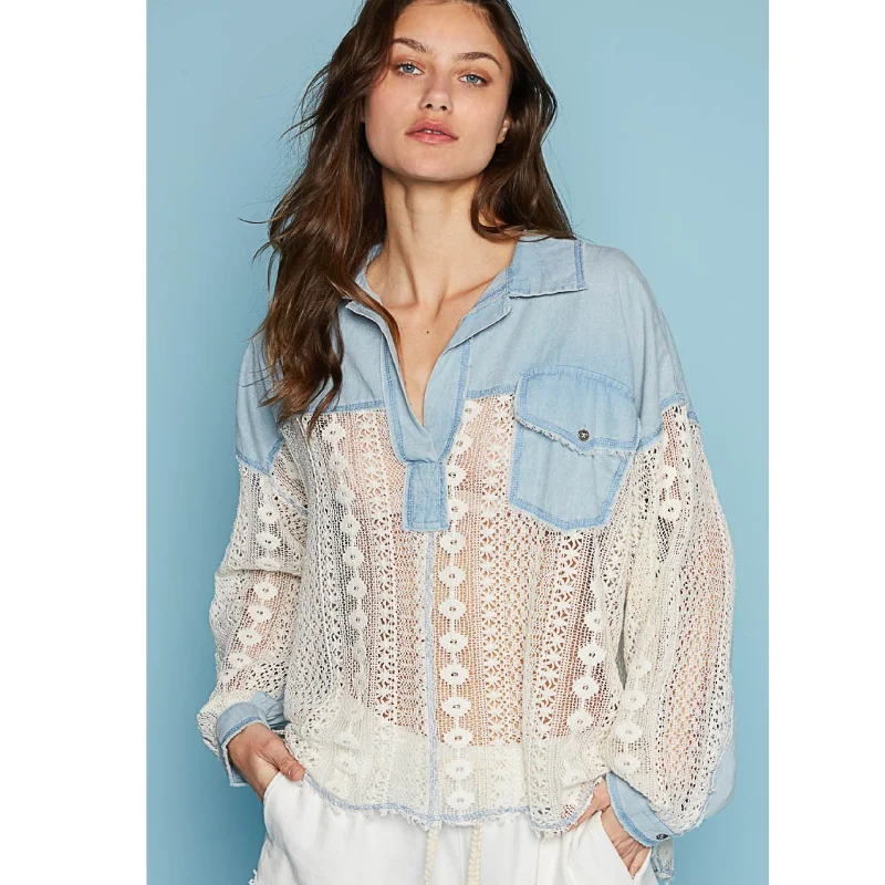 Collared Ribbed Lace Crochet Top Earthy Women's Hemp - based