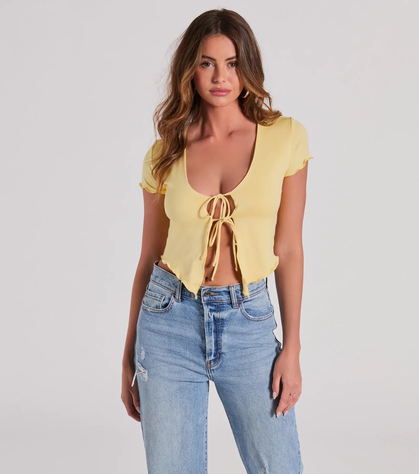 Somewhere Sweet Tie-Front Short Sleeve Crop Top Geometric