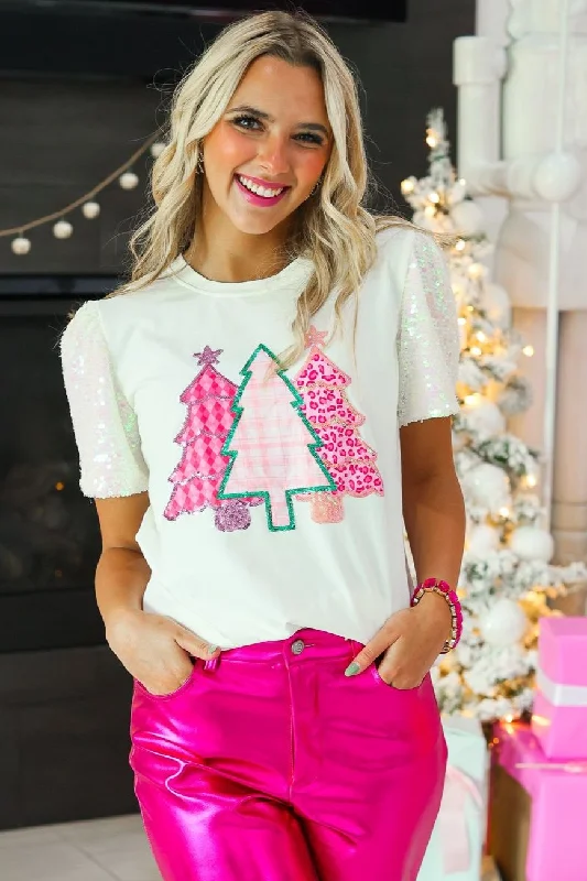 Festive Forest on White Sequin Sleeve Top Unique Women's Upcycled