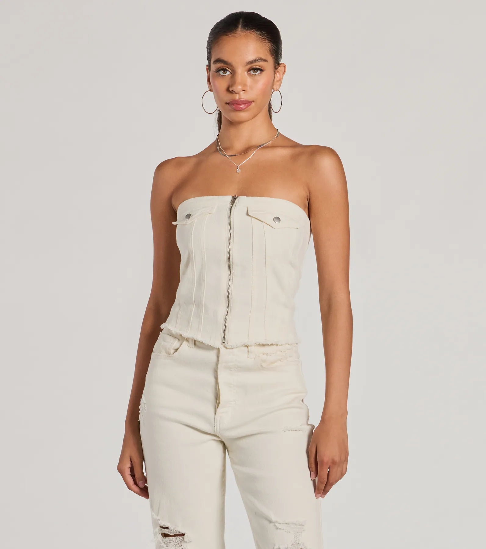 The Cutest Strapless Zip Front Denim Crop Top Sharp Women's Italian