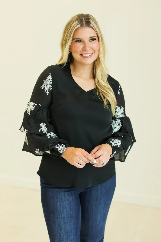 V-Neck Top with Embroidered Sleeves Cozy Women's Sherpa - lined